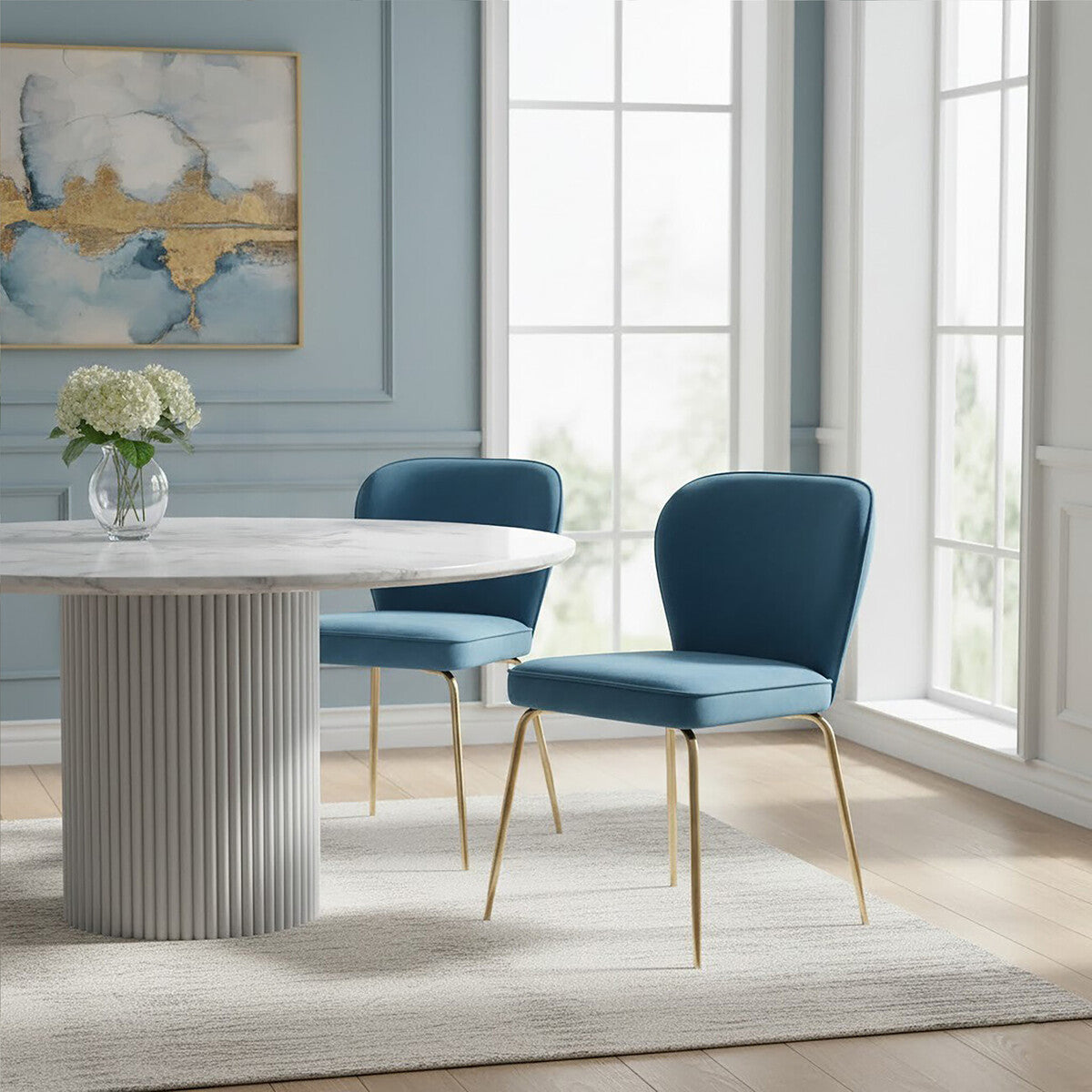 Orsina Tamzin Blue Velvet Dining Chair with Tapered Back and Gold Legs