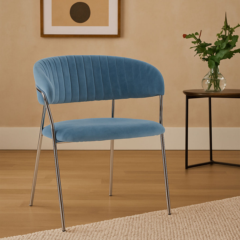 Orsina Tamzin Blue Velvet Dining Chair | Channel Back & Chrome Legs