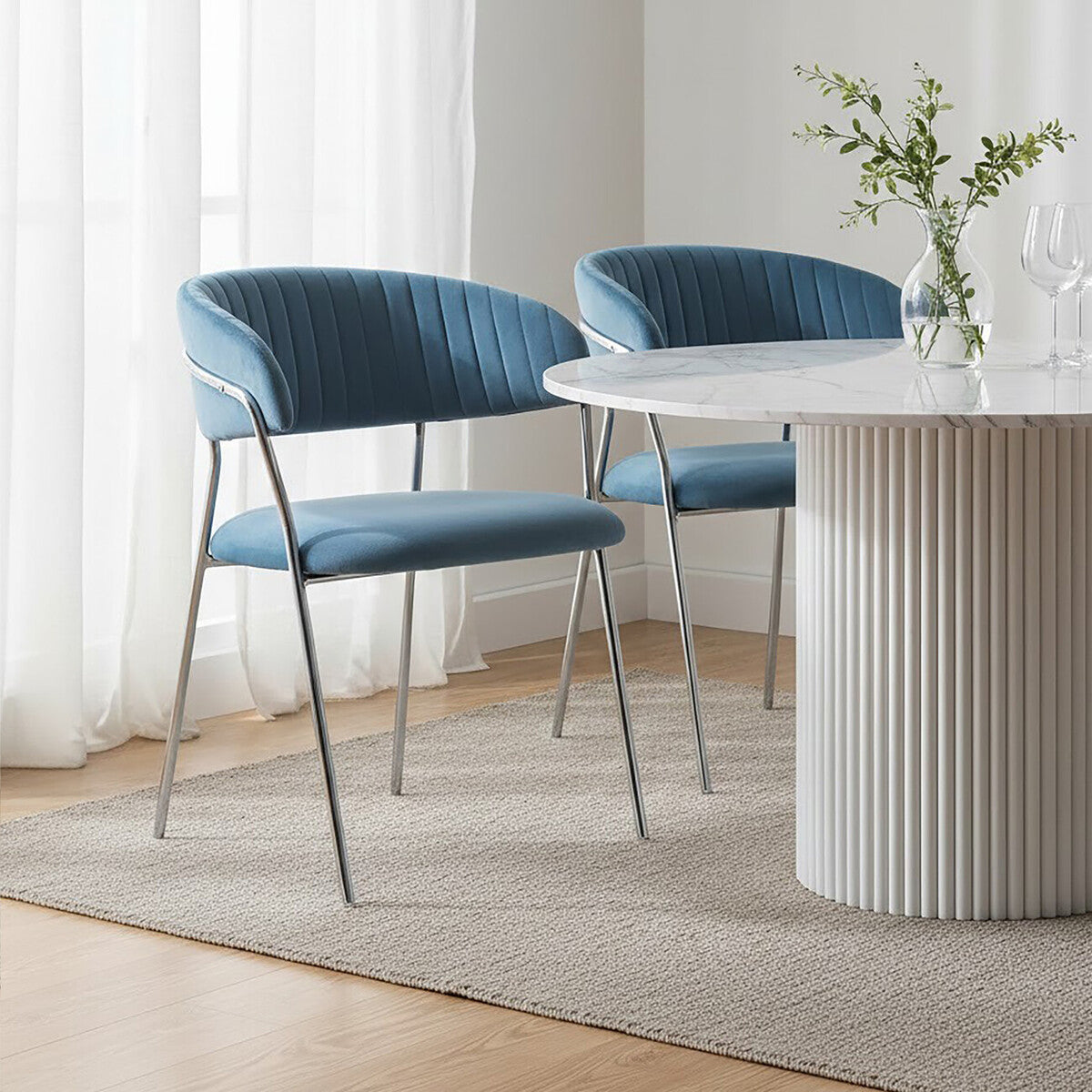 Orsina Tamzin Blue Velvet Dining Chair | Channel Back & Chrome Legs