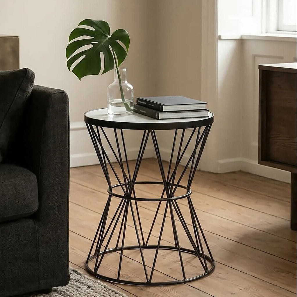 Orsina Rabia White Marble Side Table | Black Iron Corset Base