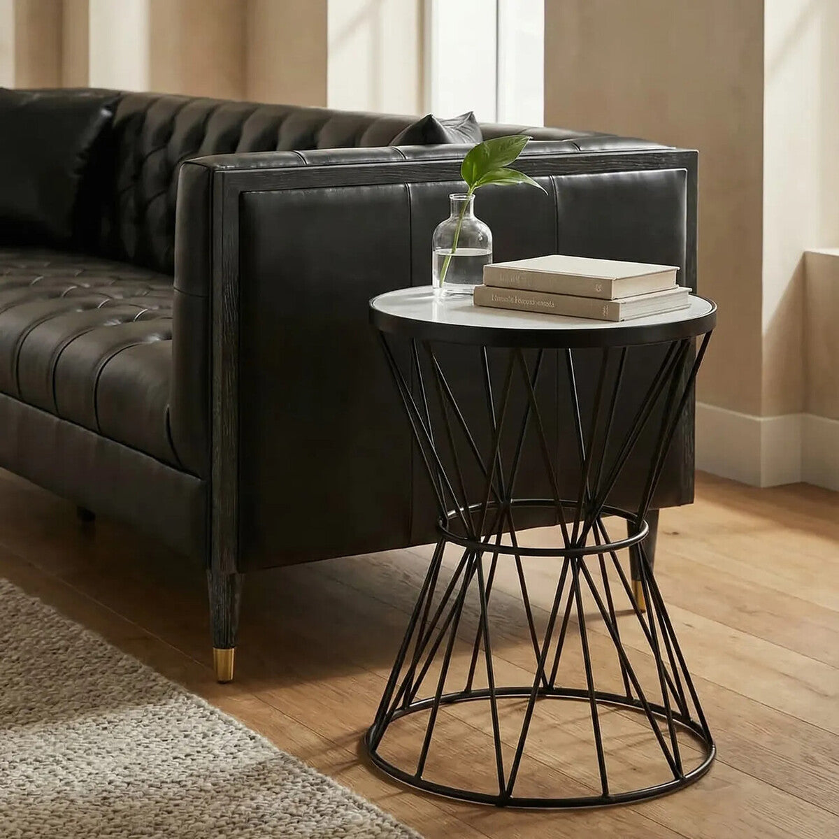 Orsina Rabia White Marble Side Table | Black Iron Corset Base