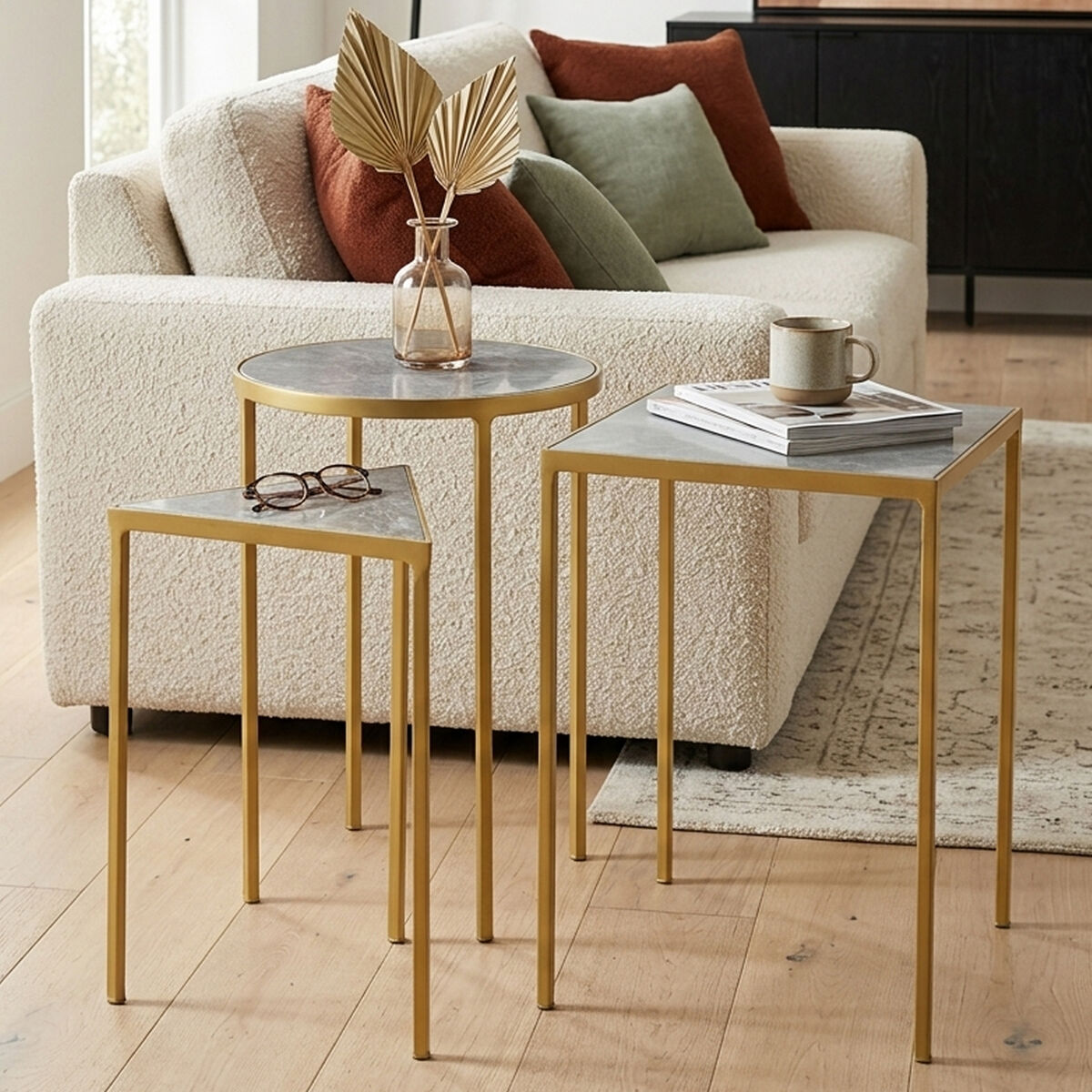 Orsina Rabia Grey Marble & Antique Brass Nesting Tables - Set of 3