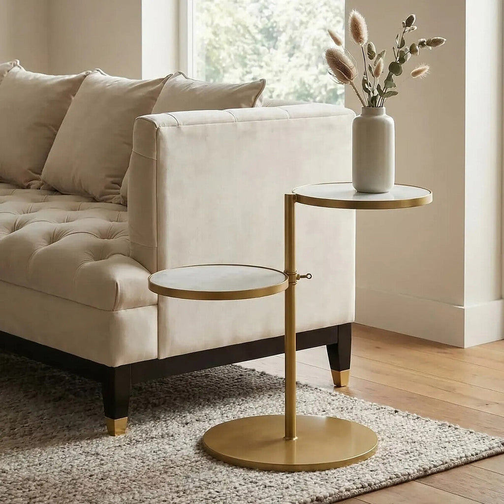 Orsina Rabia Round Marble Side Table – Gold Finish 2-Tier End Table