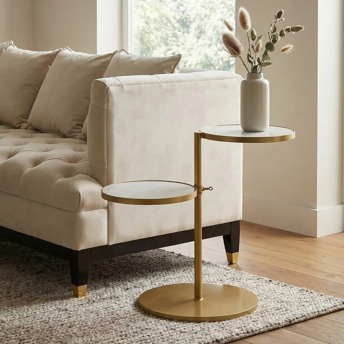 Orsina Rabia Round Marble Side Table – Gold Finish 2-Tier End Table