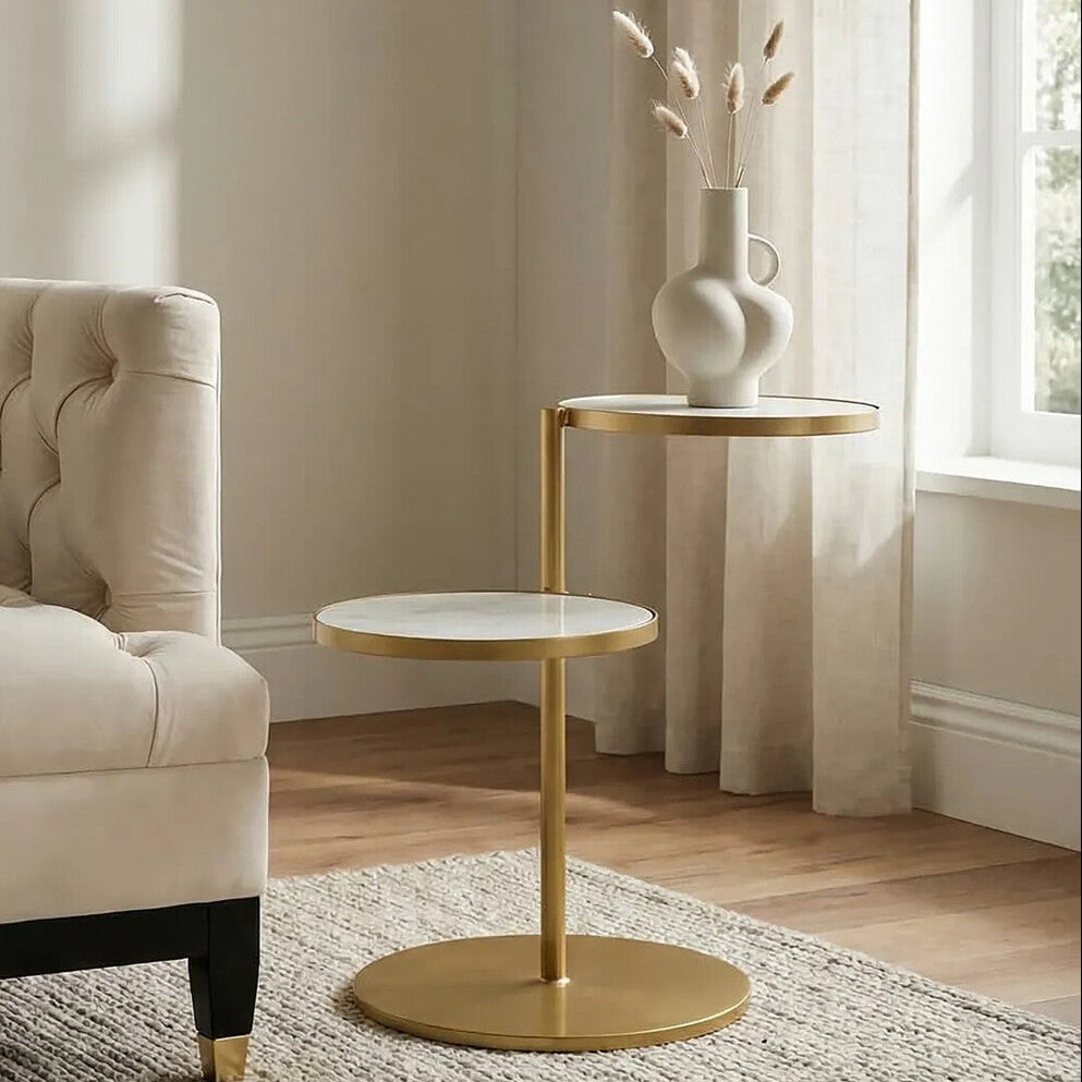 Orsina Rabia Round Marble Side Table – Gold Finish 2-Tier End Table