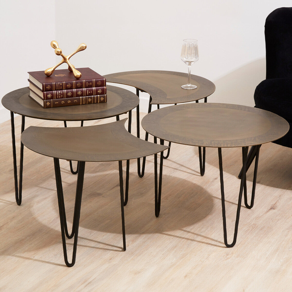 Orsina Rany Coffee Table Set of 4 – Antique Brass & Iron Hairpin Legs