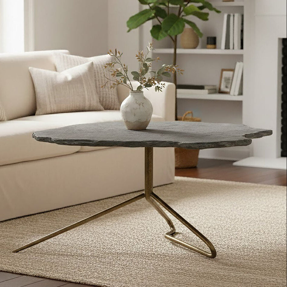 Orsina Rany Stone Coffee Table – Live Edge Top with Geometric Base
