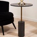 Orsina Rany Black Marble Side Table | Round Top & Antique Brass Pole