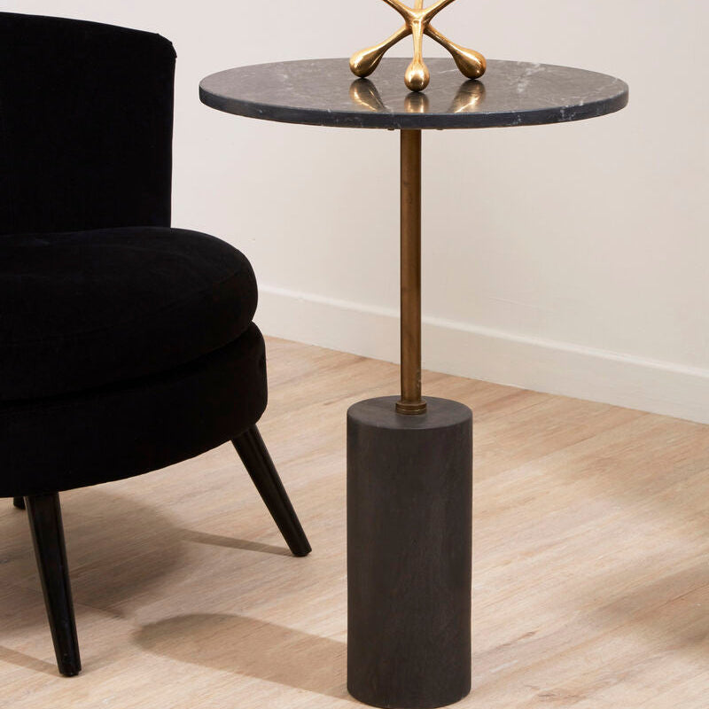 Orsina Rany Black Marble Side Table | Round Top & Antique Brass Pole