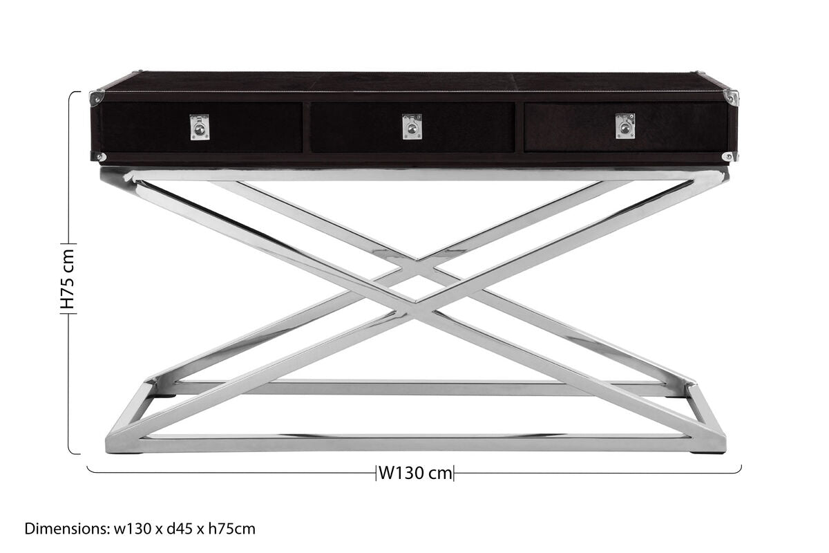 Orsina Kensington Black Hair-on-Leather 3-Drawer Console Table