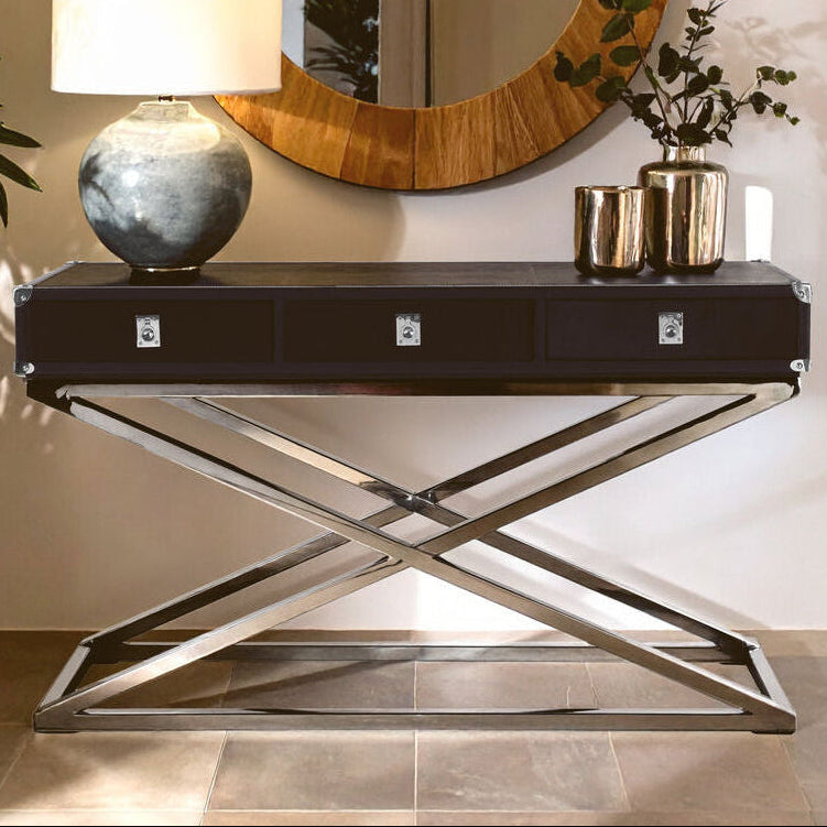 Orsina Kensington Black Hair-on-Leather 3-Drawer Console Table
