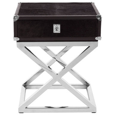 Orsina Kensington Black Hair-on-Leather Side Table with Drawer