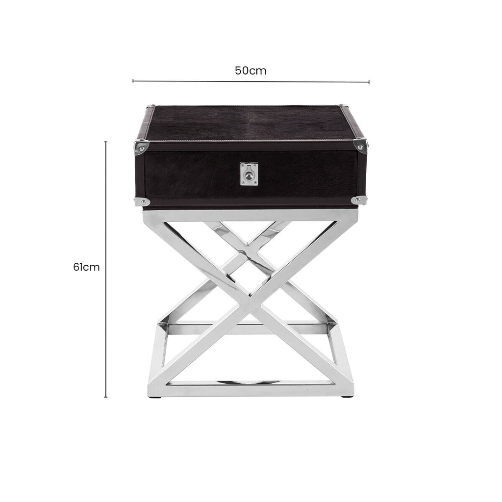 Orsina Kensington Black Hair-on-Leather Side Table with Drawer