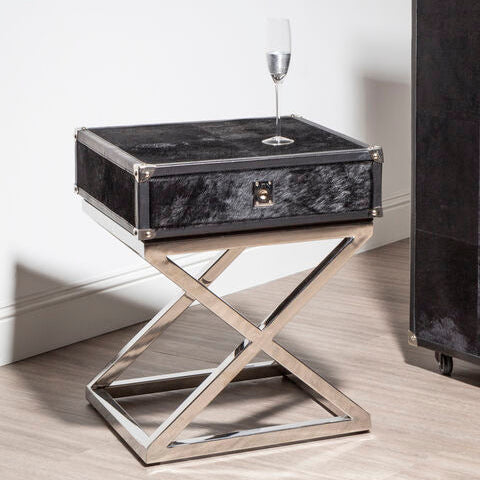 Orsina Kensington Black Hair-on-Leather Side Table with Drawer