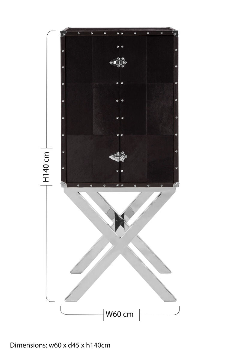 Orsina Kensington Black Leather Drinks Cabinet | Stainless Steel Base