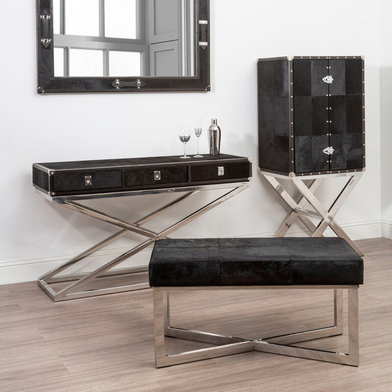 Orsina Kensington Black Leather Drinks Cabinet | Stainless Steel Base