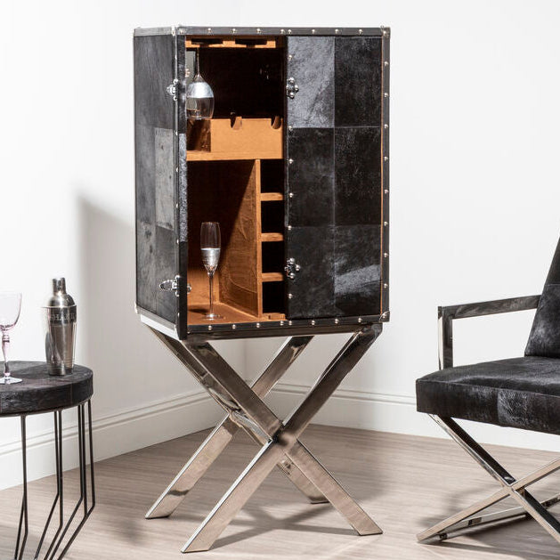 Orsina Kensington Black Leather Drinks Cabinet | Stainless Steel Base