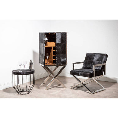 Orsina Kensington Black Leather Drinks Cabinet | Stainless Steel Base