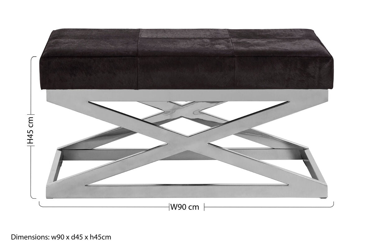 Orsina Kensington Black Hair On Leather Bench | Chrome Cross Base