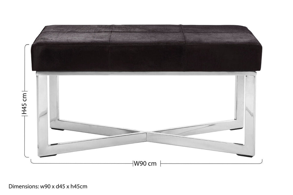 Orsina Kensington Black Hair-on-Hide Leather Bench | Stainless Steel