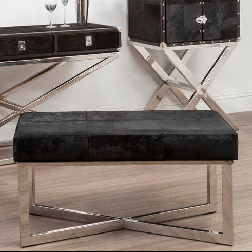 Orsina Kensington Black Hair-on-Hide Leather Bench | Stainless Steel