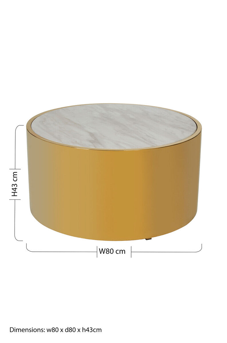 Orsina Carlox Round White Marble Coffee Table with Gold Steel Frame