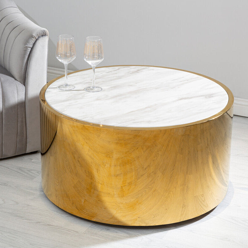 Orsina Carlox Round White Marble Coffee Table with Gold Steel Frame
