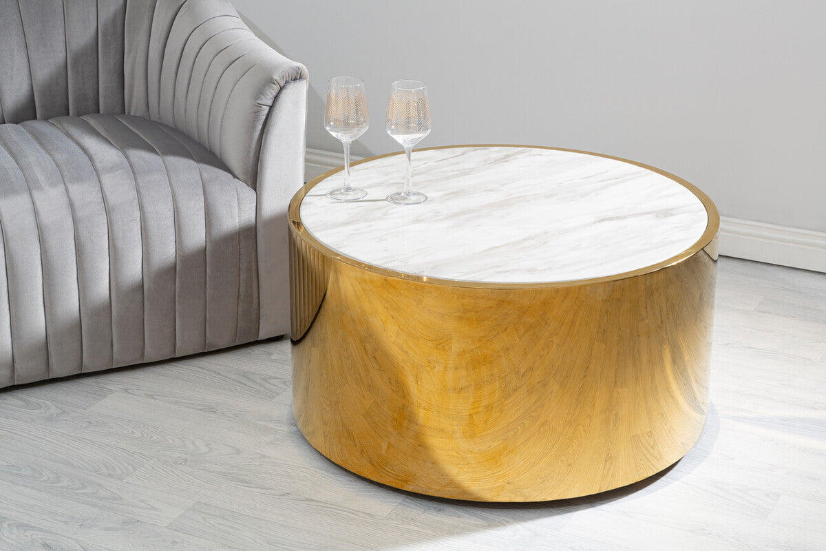 Orsina Carlox Round White Marble Coffee Table with Gold Steel Frame