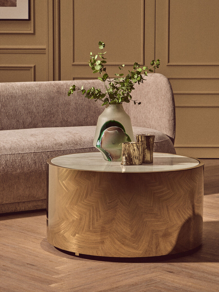 Orsina Carlox Round White Marble Coffee Table with Gold Steel Frame