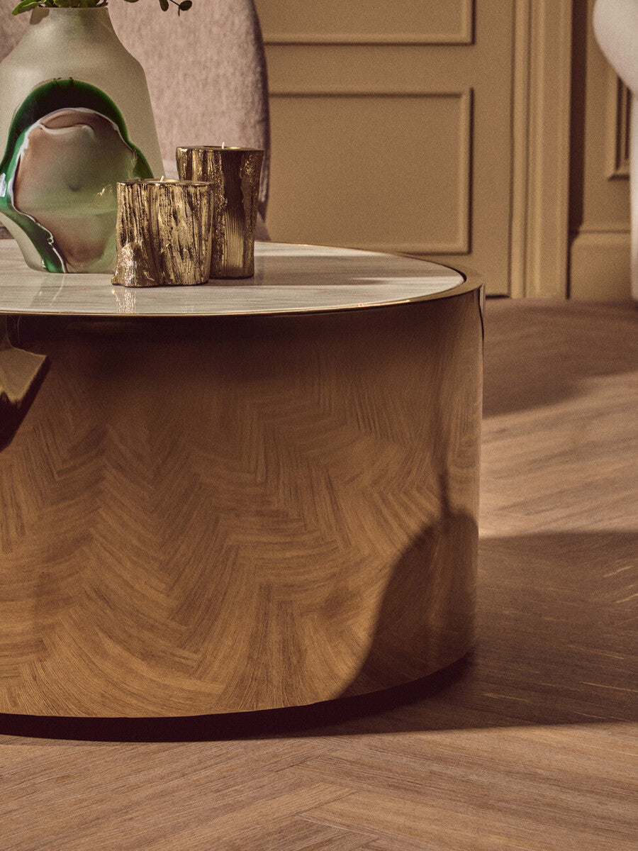 Orsina Carlox Round White Marble Coffee Table with Gold Steel Frame