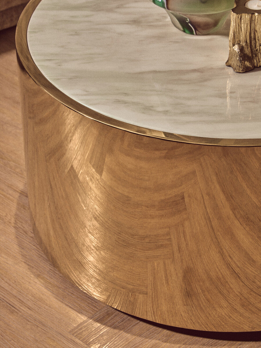 Orsina Carlox Round White Marble Coffee Table with Gold Steel Frame