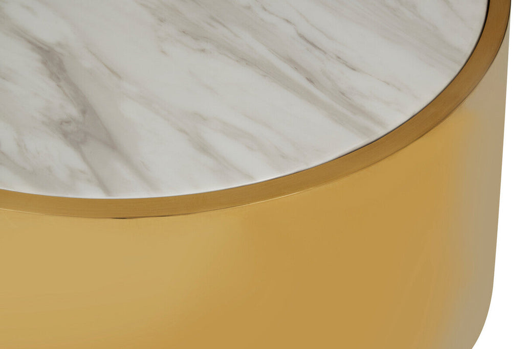 Orsina Carlox Round White Marble Coffee Table with Gold Steel Frame