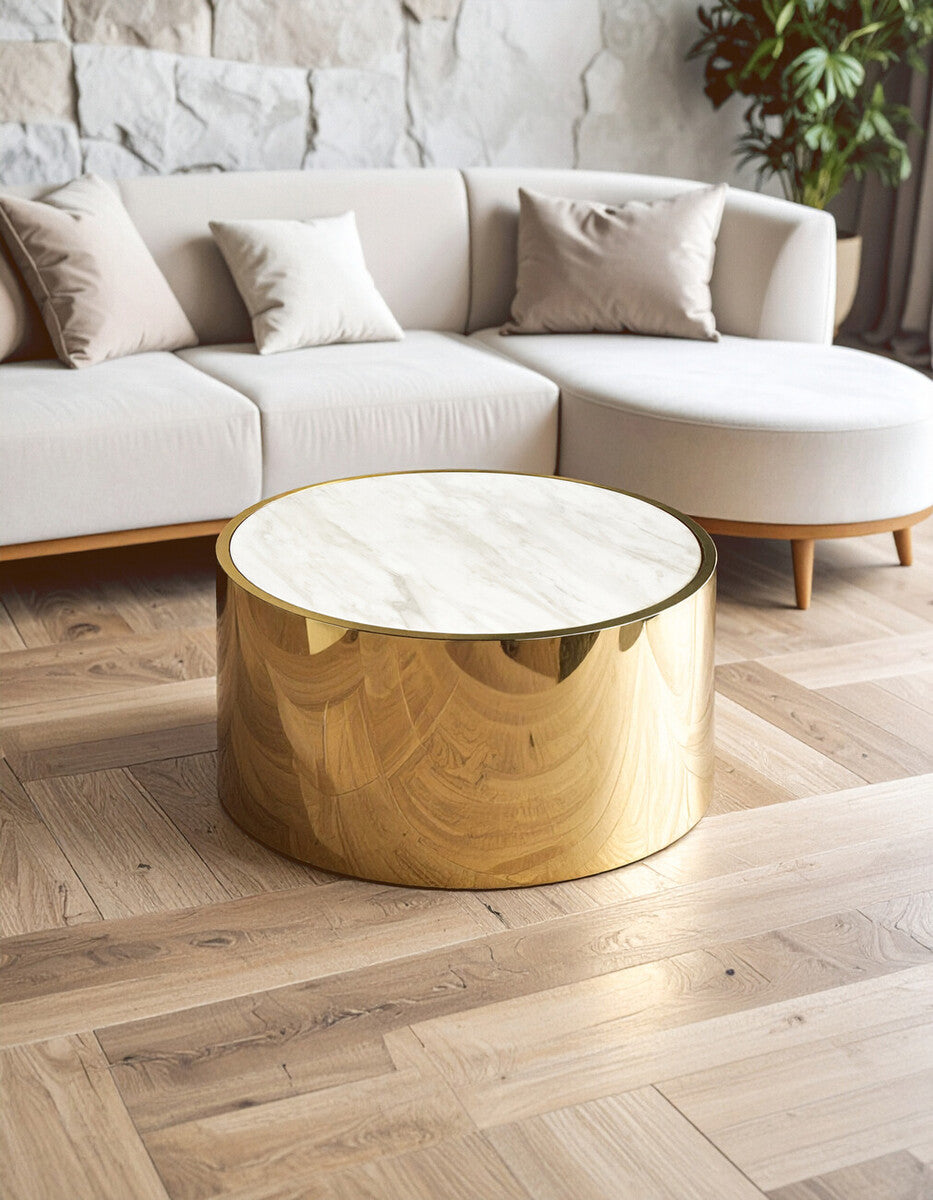 Orsina Carlox Round White Marble Coffee Table with Gold Steel Frame