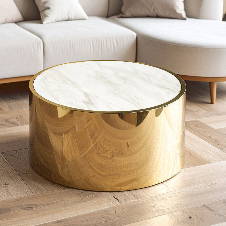 Orsina Carlox Round White Marble Coffee Table with Gold Steel Frame
