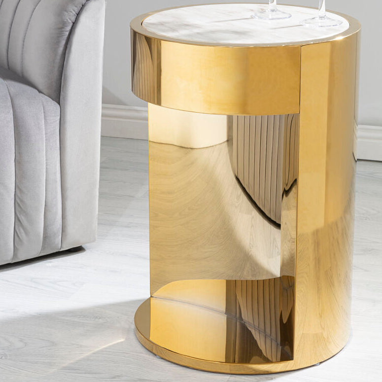 Orsina Carlox Round Side Table – White Marble Effect & Gold Base