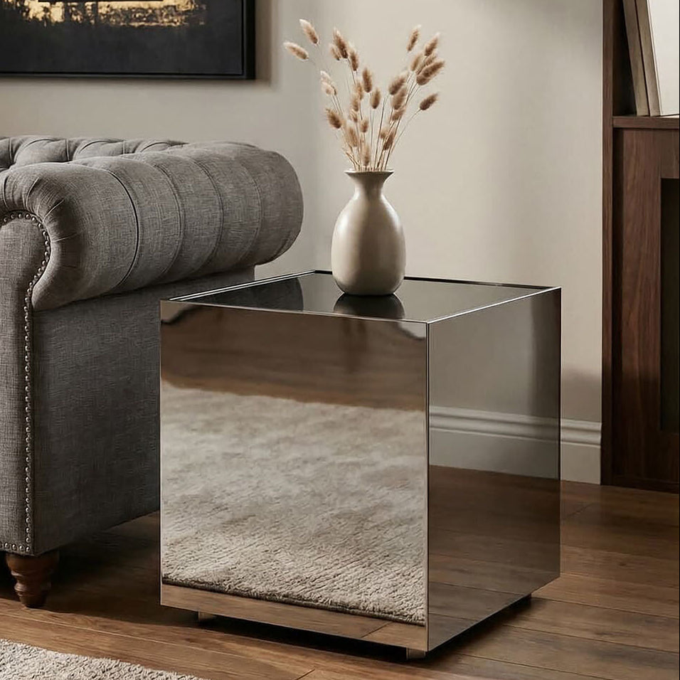 Orsina Carlox Black Tempered Glass Side Table | Square Chrome Frame