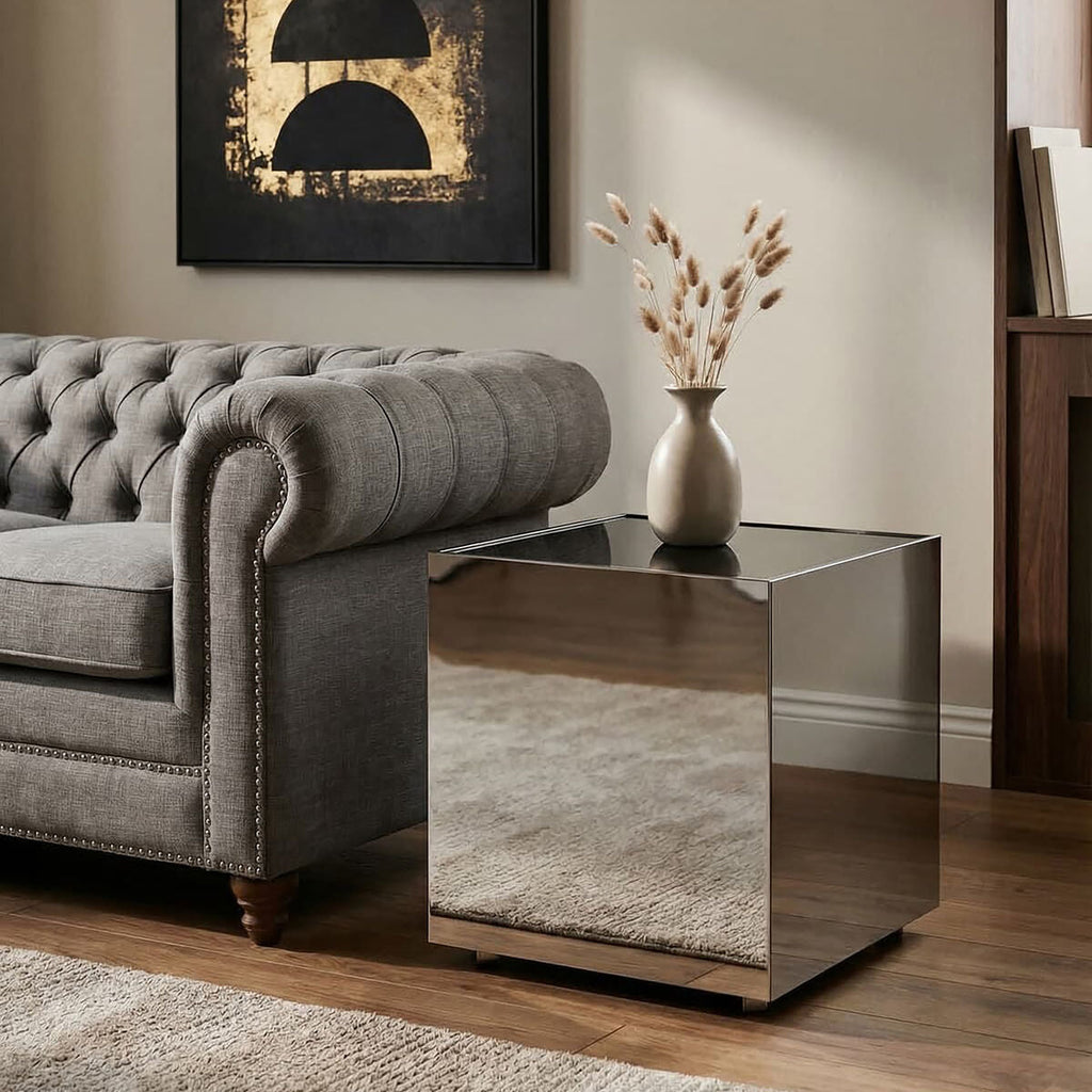 Orsina Carlox Black Tempered Glass Side Table | Square Chrome Frame