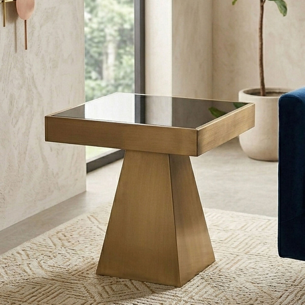 Orsina Carlox Gold Square Side Table with Black Tempered Glass Top