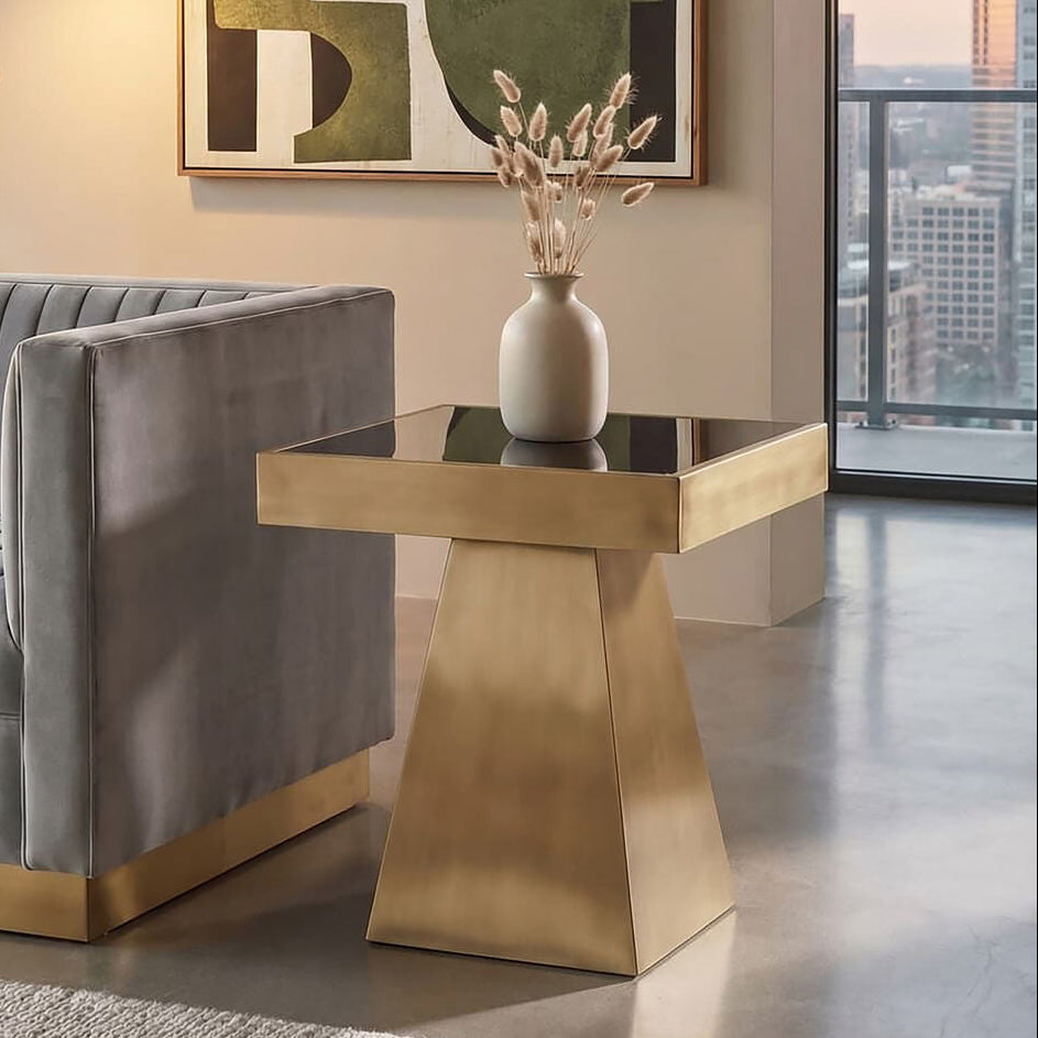 Orsina Carlox Gold Square Side Table with Black Tempered Glass Top