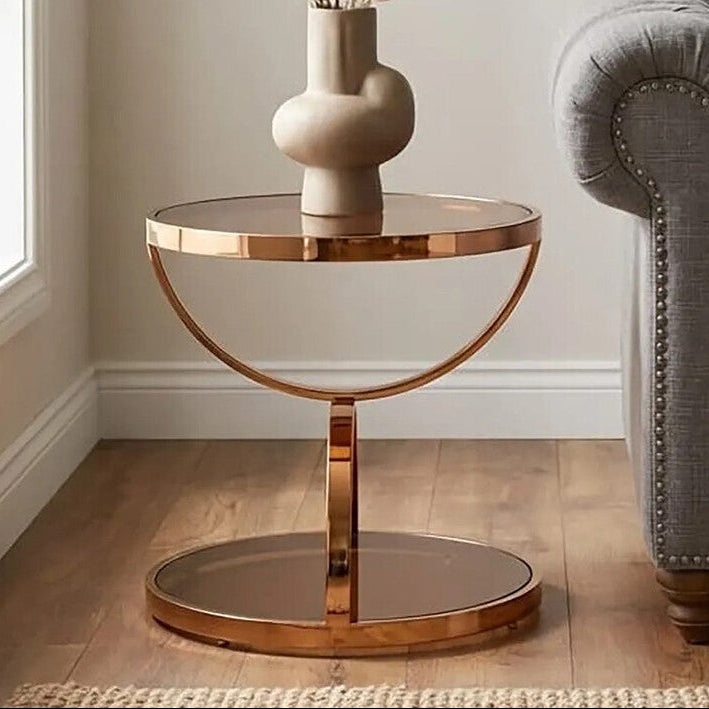 Orsina Tula Round Side Table – Rose Gold Stainless Steel & Smoked Glass