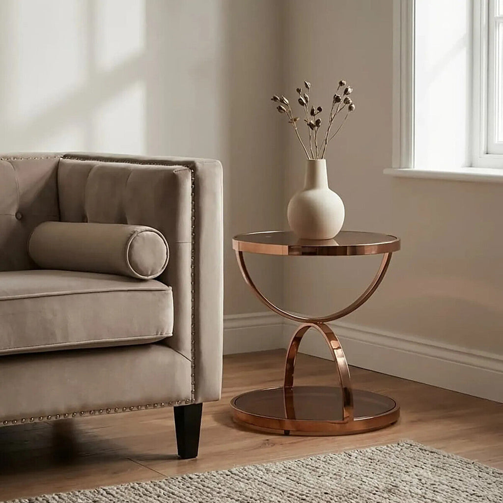 Orsina Tula Round Side Table – Rose Gold Stainless Steel & Smoked Glass
