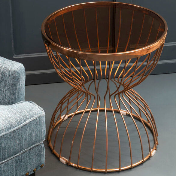 Orsina Tula Round Side Table – Gold Hourglass Base & Smoked Glass