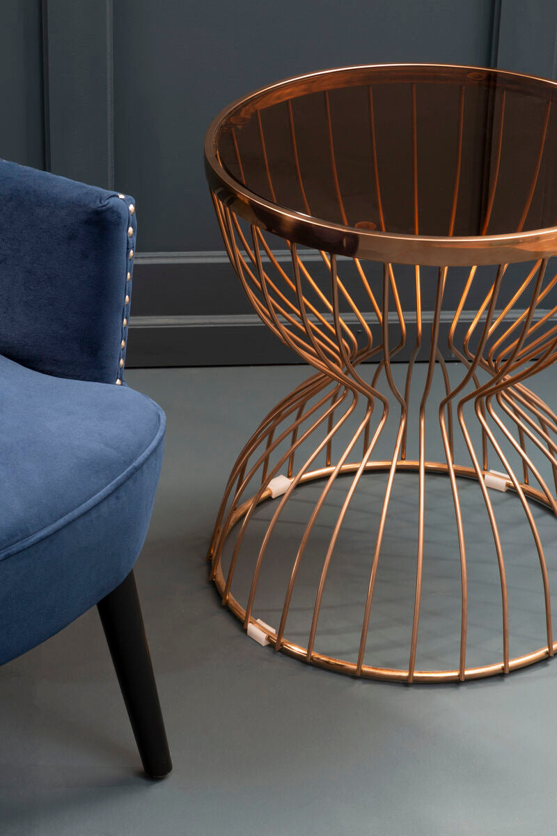 Orsina Tula Round Side Table – Gold Hourglass Base & Smoked Glass