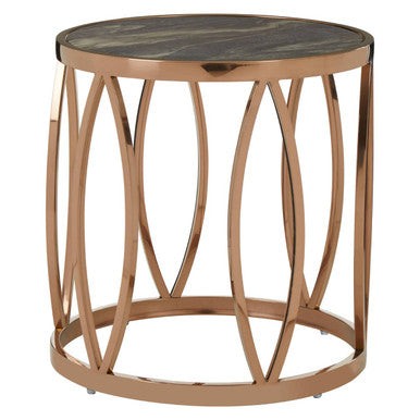 Orsina Tula Round Marble Side Table | Rose Gold Leaf Base Accent