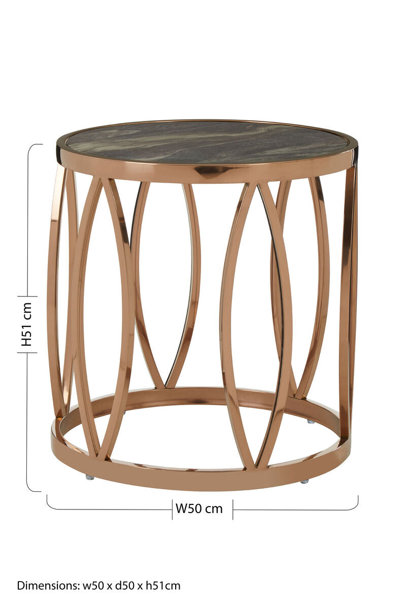 Orsina Tula Round Marble Side Table | Rose Gold Leaf Base Accent