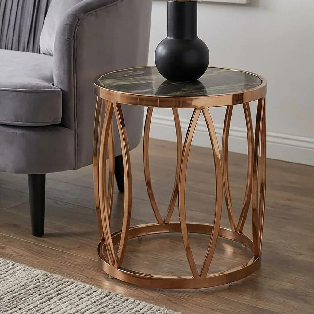 Orsina Tula Round Marble Side Table | Rose Gold Leaf Base Accent