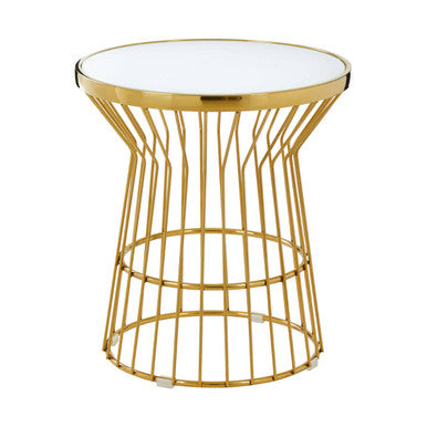Orsina Tula Gold Side Table – White Glass Top Corset Base End Table