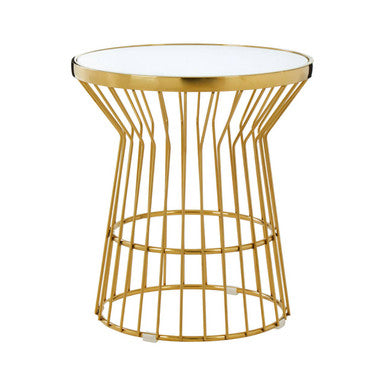 Orsina Tula Gold Side Table – White Glass Top Corset Base End Table