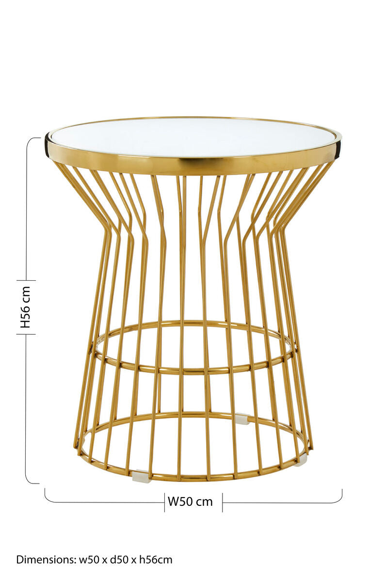 Orsina Tula Gold Side Table – White Glass Top Corset Base End Table
