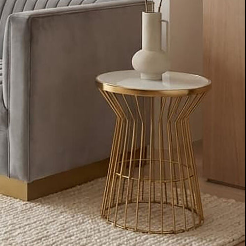 Orsina Tula Gold Side Table – White Glass Top Corset Base End Table